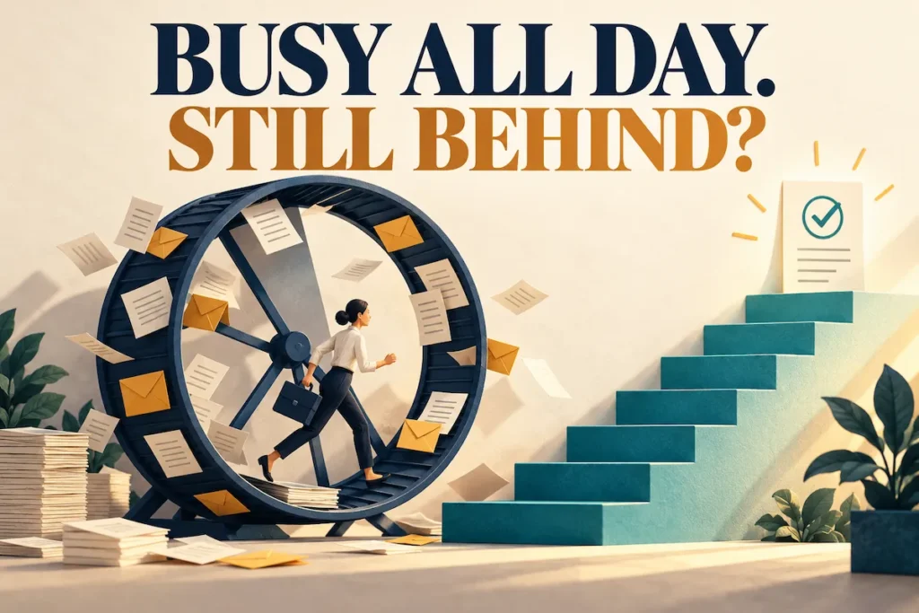 “A professional walks inside a wheel of paperwork beside steps leading towards a completed task.”