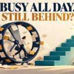 “A professional walks inside a wheel of paperwork beside steps leading towards a completed task.”