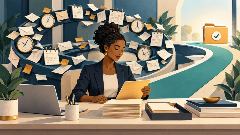 “A professional focuses on a document as a clear path leads away from a cycle of messages and deadlines.”